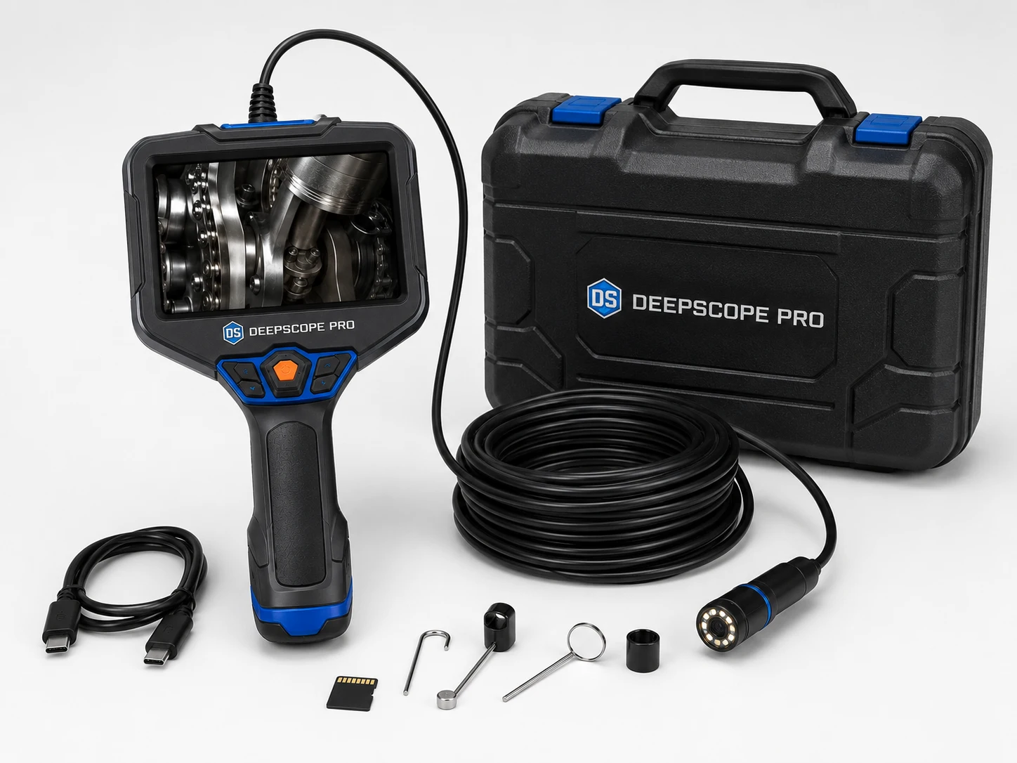 DeepScope Pro cu dispozitiv, sondă continuă, carcasă și accesorii