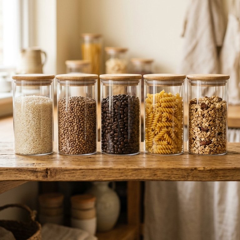 Glass airtight containers with pasta and cereals in a pantry