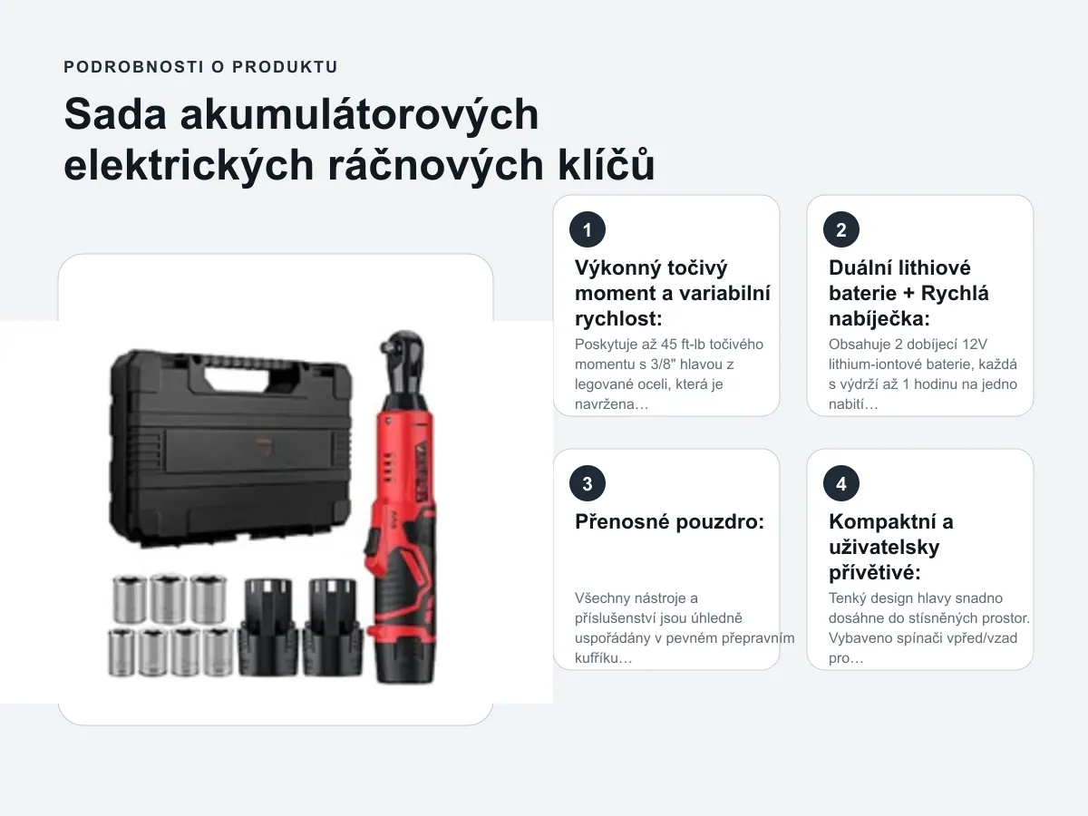 Podrobnosti o produktu: Sada akumulátorových elektrických ráčnových klíčů