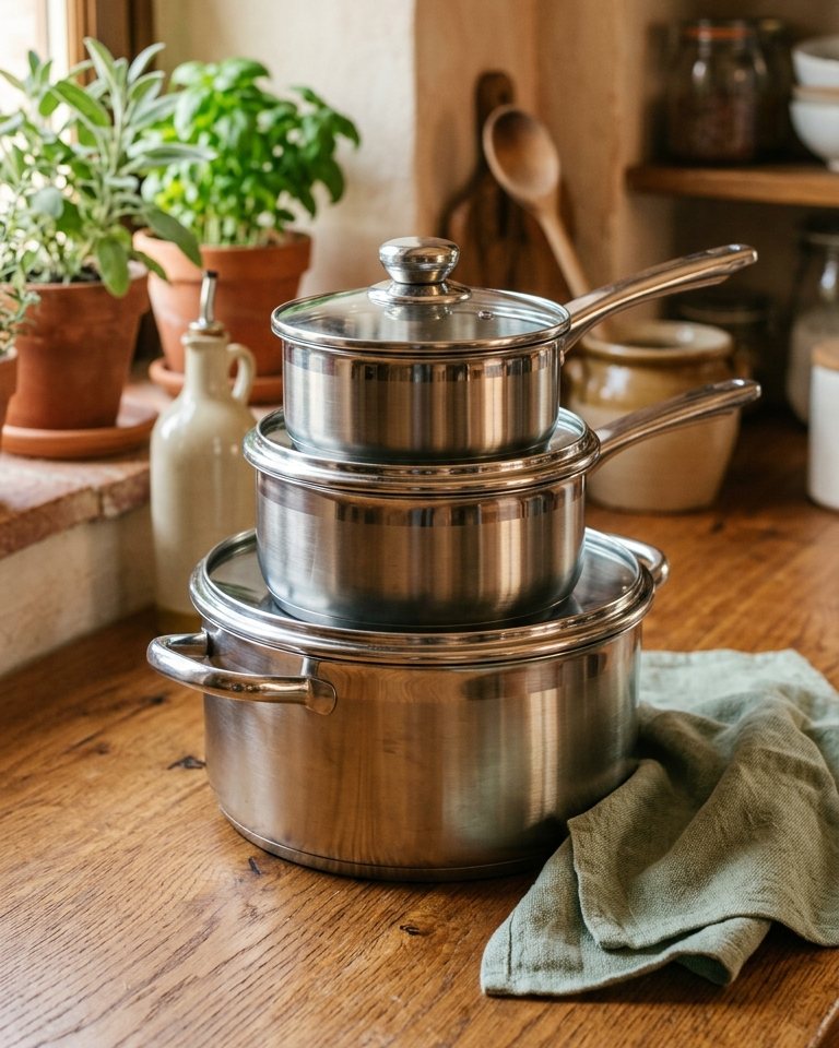 Stainless steel cookware set on a kitchen counter