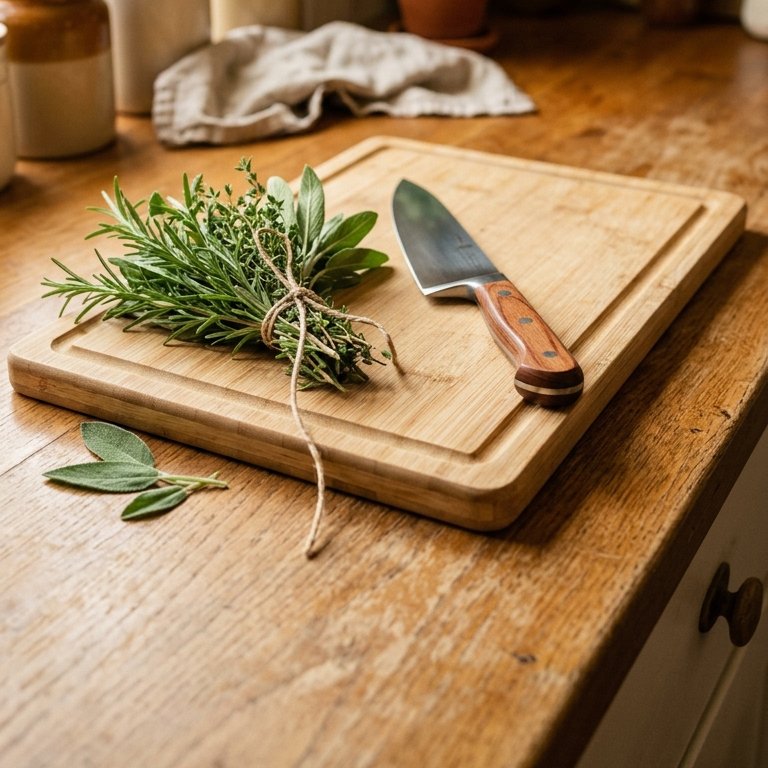 A bamboo cutting board with fresh herbs, tomato and a knife on an oak worktop