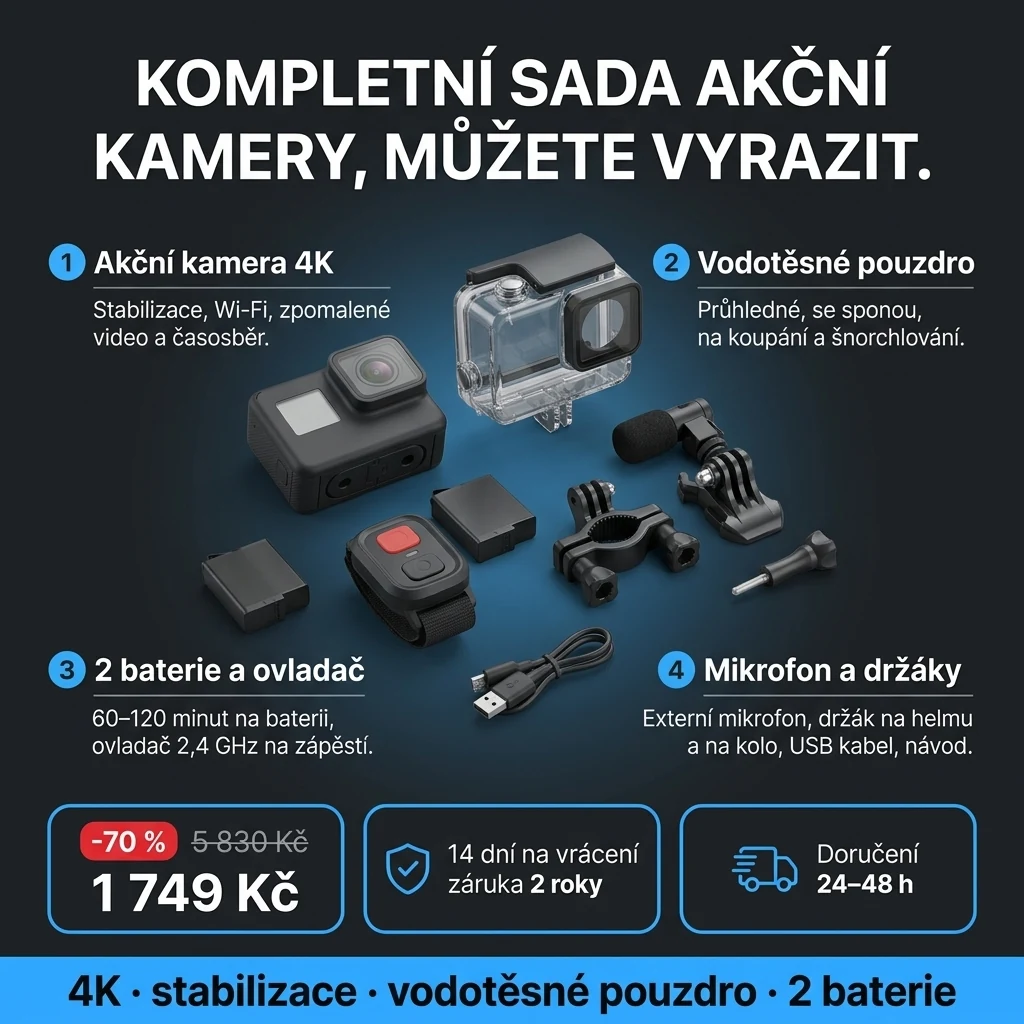 Akční kamera 4K – nabídka: akční kamera 4K, vodotěsné pouzdro, 2 baterie, ovladač a držáky, 1 749 Kč místo 5 830 Kč, platba při převzetí