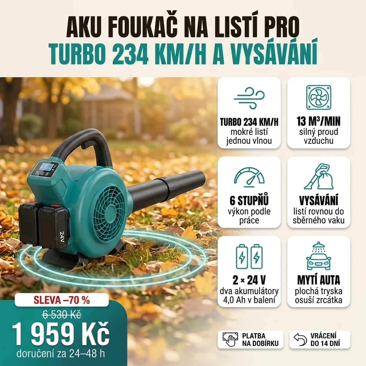 Aku foukač na listí PRO v režimu Turbo na mokrém vjezdu, vedle něj karty s hlavními funkcemi