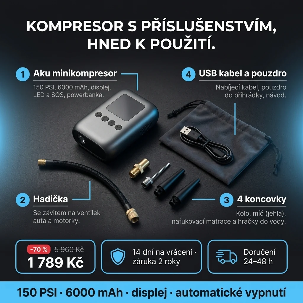 Aku minikompresor – nabídka: aku minikompresor s displejem, hadička a 4 koncovky, 1 789 Kč místo 5 960 Kč, platba při převzetí