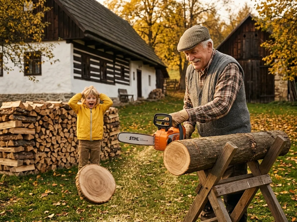 Ořechový kmen a vnuk jen zírá