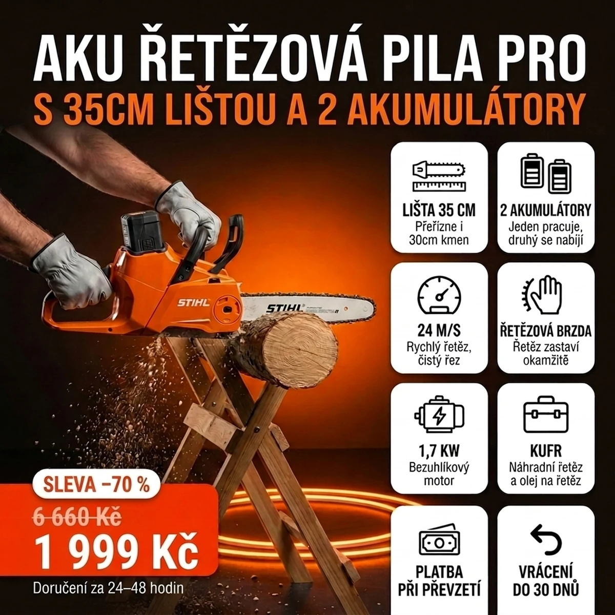 Aku řetězová pila PRO se dvěma akumulátory na kartách hlavních vlastností