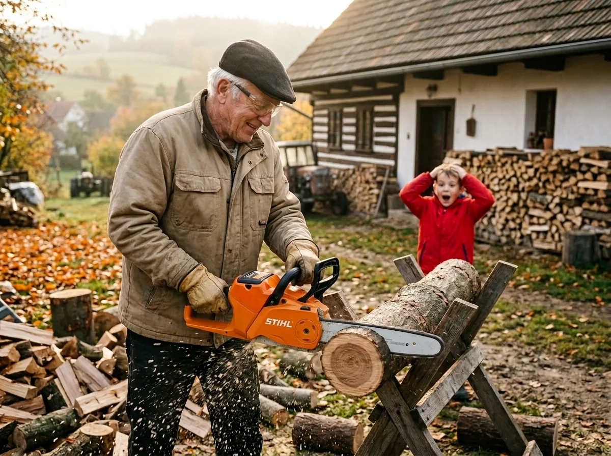 Ořechový kmen a vnuk jen zírá