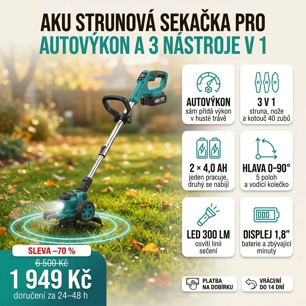 Aku strunová sekačka PRO seká suchou trávu u plotu, vedle ní karty s hlavními funkcemi