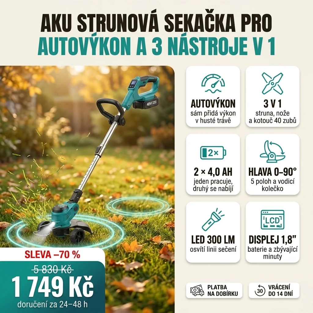 Aku strunová sekačka PRO seká suchou trávu u plotu, vedle ní karty s hlavními funkcemi