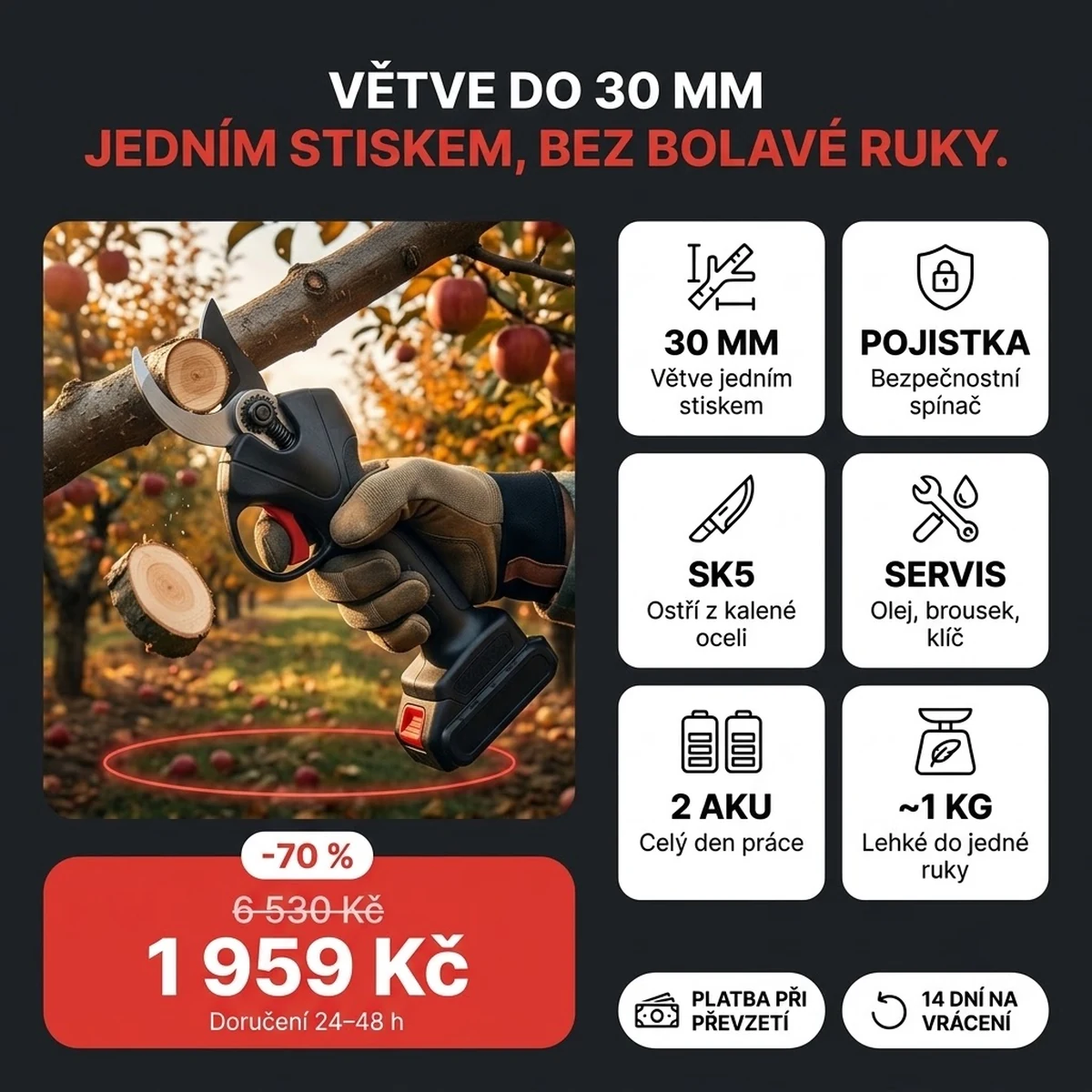 Akumulátorové zahradní nůžky PRO se dvěma akumulátory a kufrem, hlavní vlastnosti na kartách