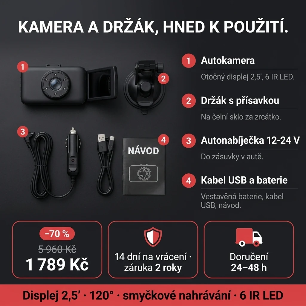 Autokamera s displejem – nabídka: autokamera s displejem 2,5" a držákem, 1 789 Kč místo 5 960 Kč, platba při převzetí