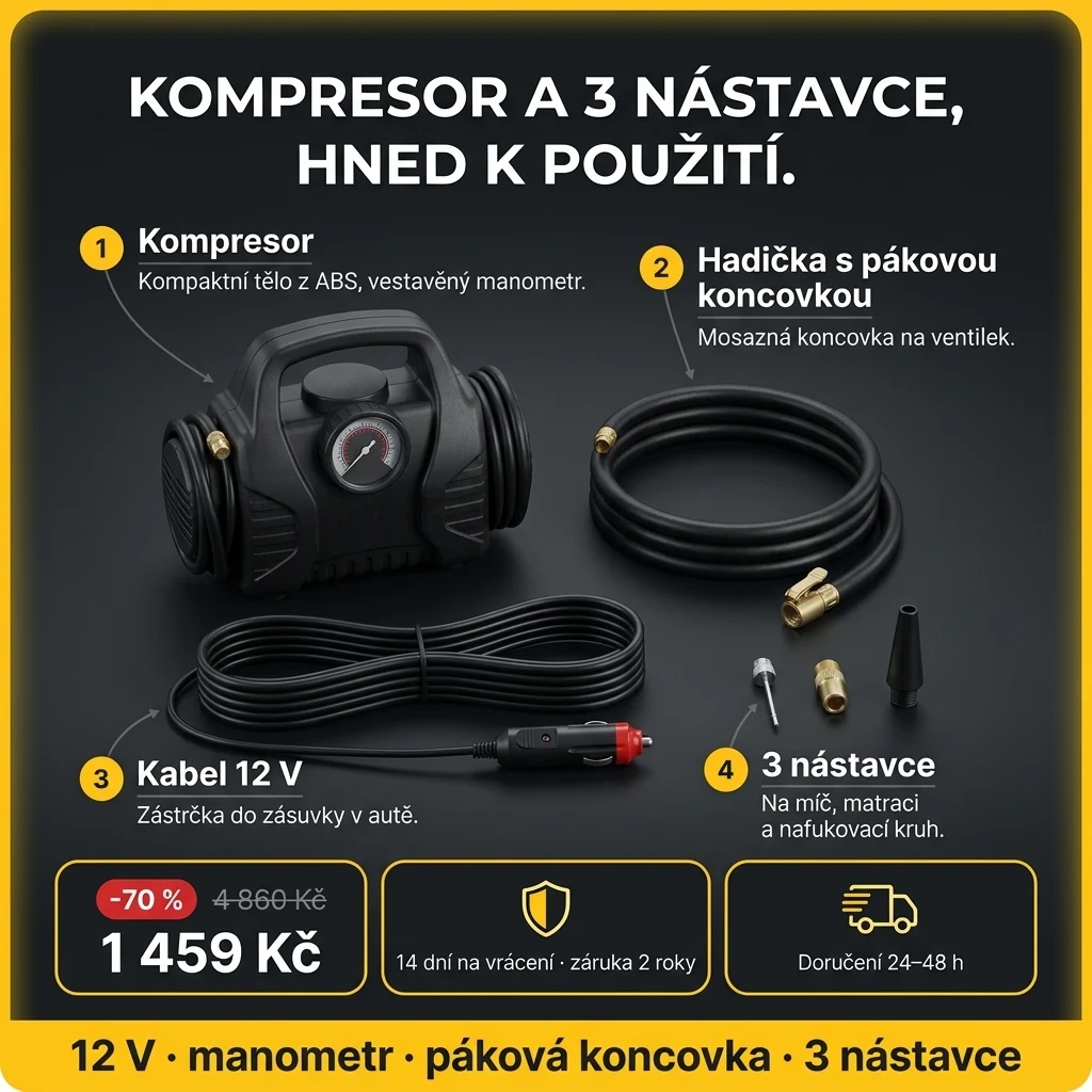 Autokompresor 12 V – nabídka: autokompresor 12 V s manometrem a 3 nástavci, 1 459 Kč místo 4 860 Kč, platba při převzetí