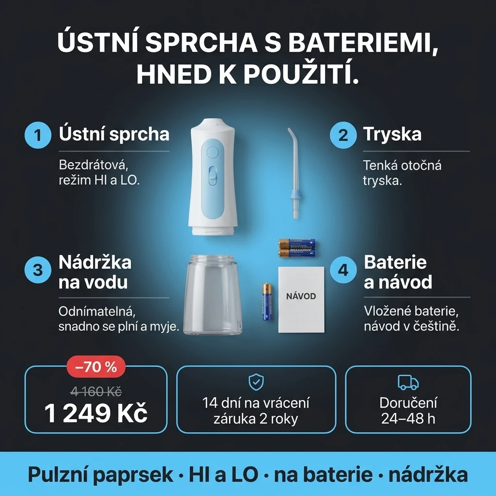 Bezdrátová ústní sprcha – nabídka: bezdrátová ústní sprcha na baterie s odnímatelnou nádržkou, 1 249 Kč místo 4 160 Kč, platba při převzetí