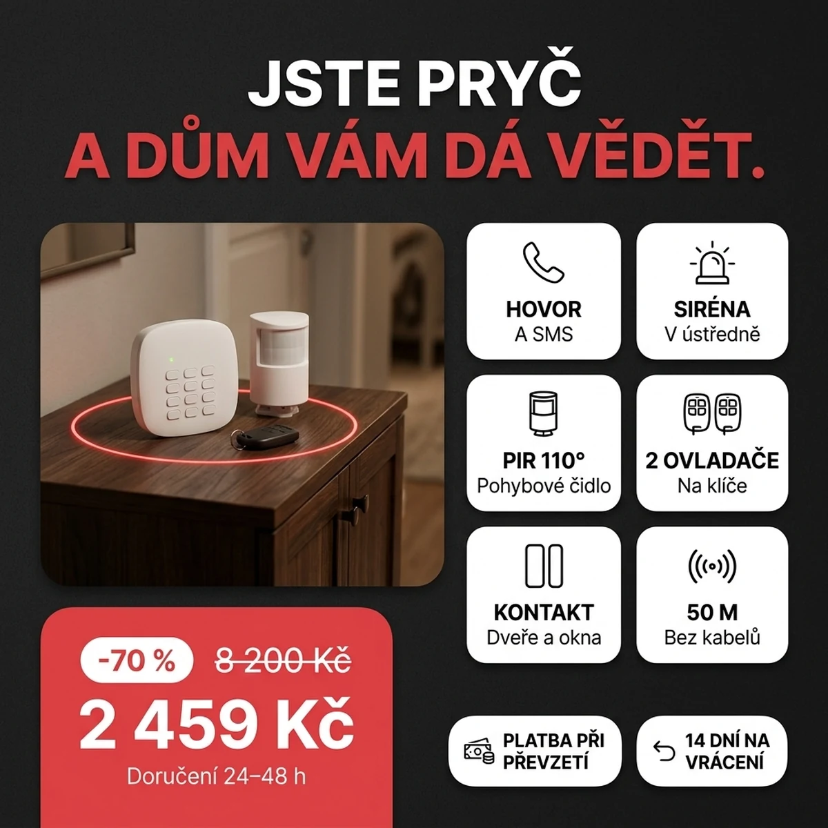 Bílá ústředna GSM alarmu s čidlem, kontaktem a ovladači, na kartách hlavních vlastností