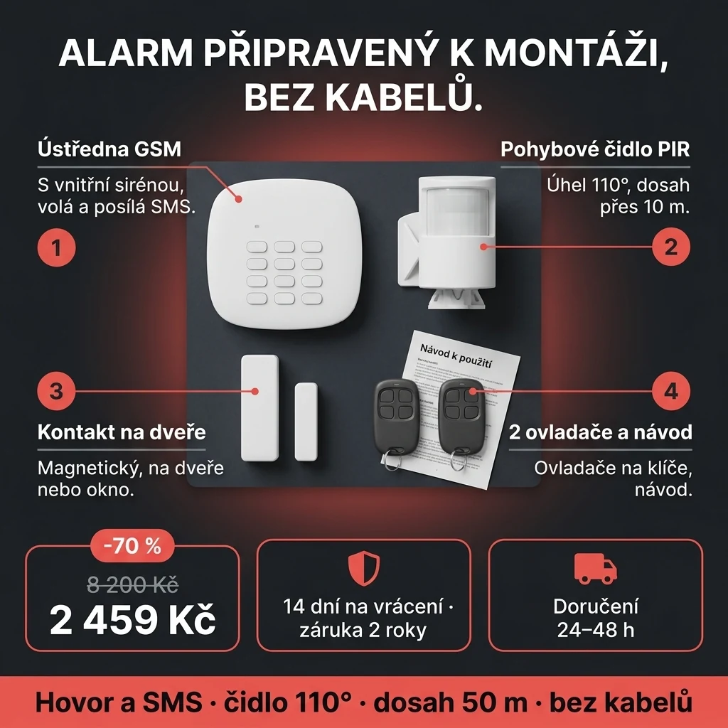 Bezdrátový GSM alarm – nabídka: bezdrátový GSM alarm s čidlem, kontaktem a 2 ovladači, 2 459 Kč místo 8 200 Kč, platba při převzetí