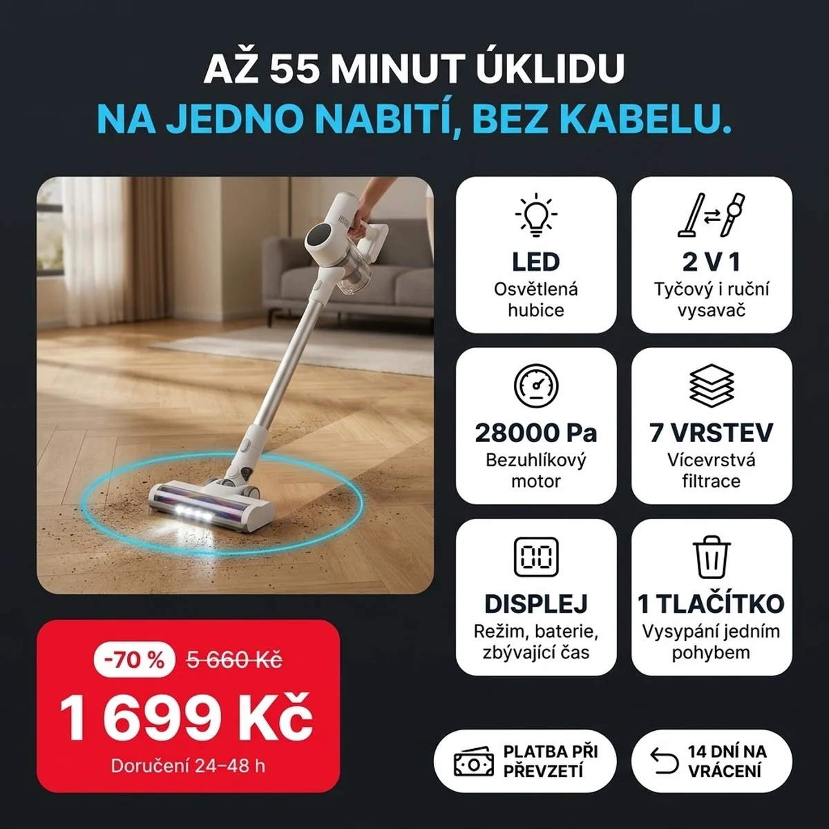 Bezdrátový tyčový vysavač s LED hubicí a displejem, na kartách hlavních vlastností