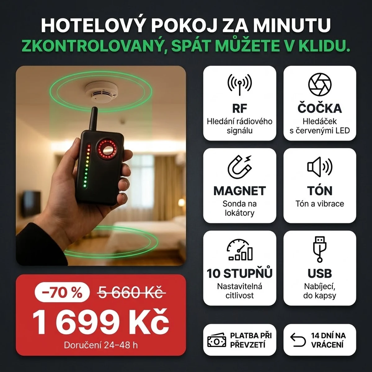 Detektor odposlechů PRO s anténou a okénkem hledáčku, na kartách hlavních vlastností