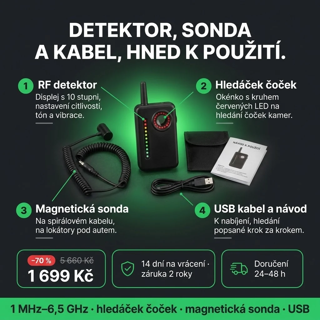 Detektor odposlechů PRO – nabídka: RF detektor s hledáčkem čoček, magnetická sonda a USB kabel, 1 699 Kč místo 5 660 Kč, platba při převzetí