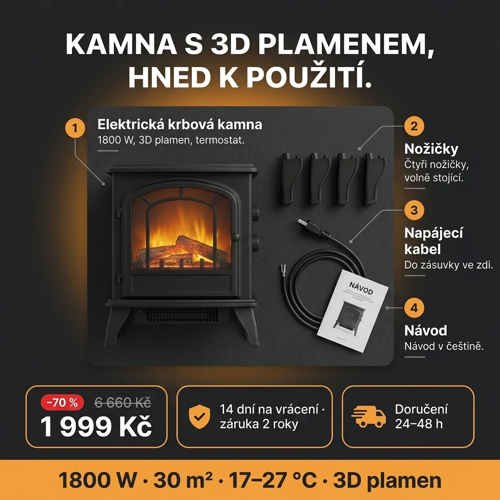 Elektrická krbová kamna – nabídka: elektrická krbová kamna s 3D plamenem a termostatem, 1 999 Kč místo 6 660 Kč, platba při převzetí