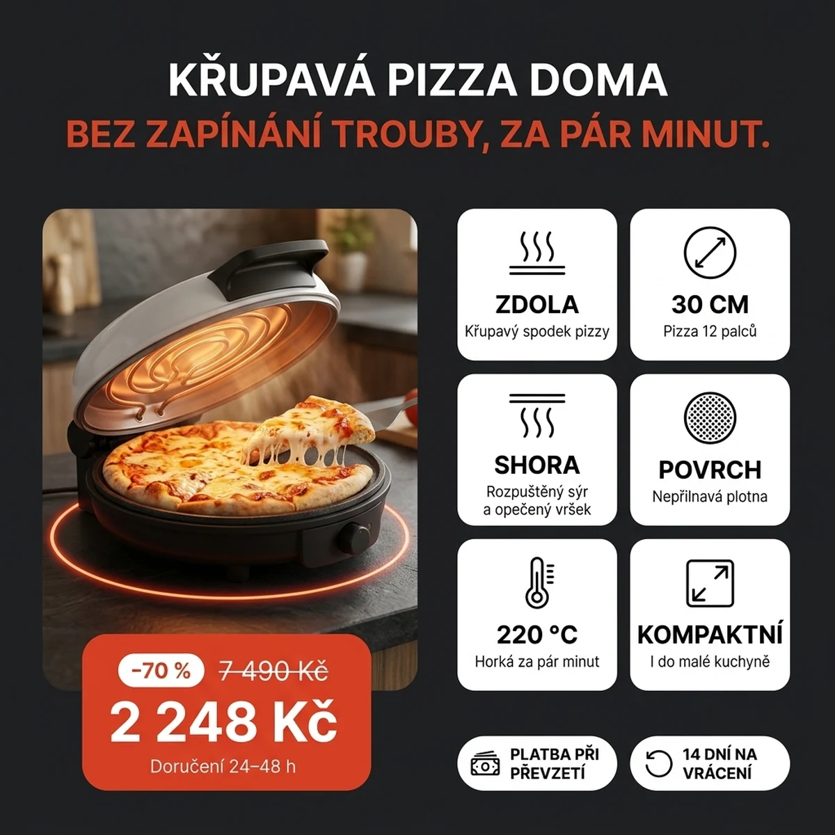 Elektrická pec na pizzu s otevřenou kupolí a pizzou, na kartách hlavních vlastností