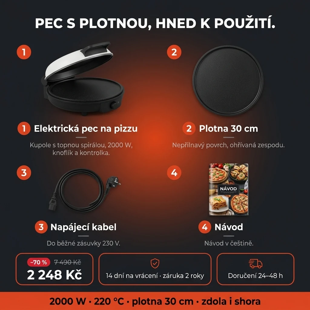 Elektrická pec na pizzu – nabídka: elektrická pec na pizzu s nepřilnavou plotnou 30 cm, 2 248 Kč místo 7 490 Kč, platba při převzetí