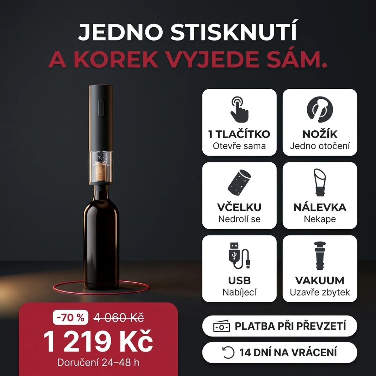 Černá elektrická vývrtka v sadě: vývrtka, nožík, nálevka, vakuová zátka, na kartách hlavních vlastností