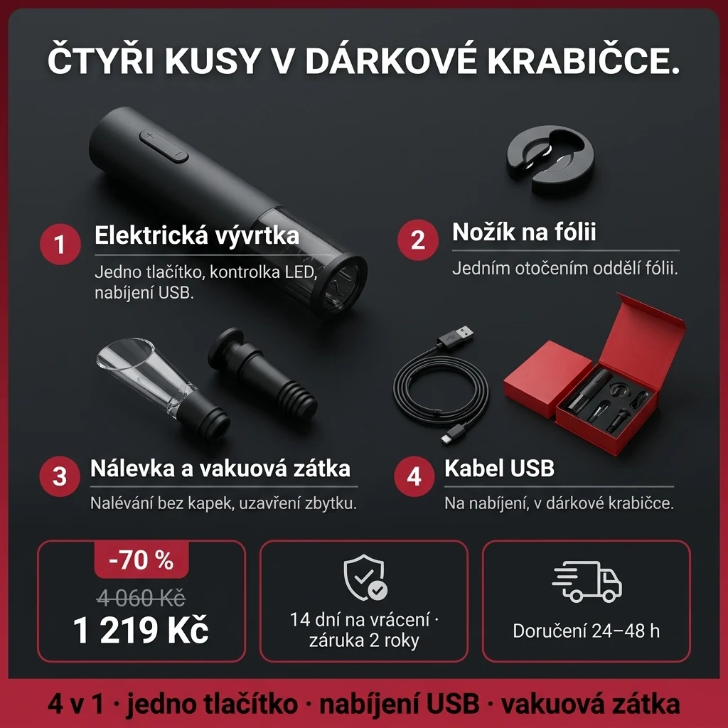 Elektrická vývrtka – nabídka: elektrická vývrtka v sadě 4 v 1 v dárkové krabičce, 1 219 Kč místo 4 060 Kč, platba při převzetí