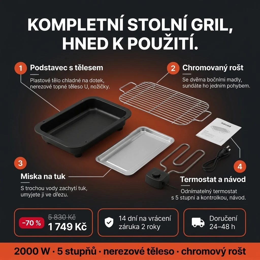 Elektrický gril PRO – nabídka: podstavec s topným tělesem, chromovaný rošt, miska na tuk a termostat, 1 749 Kč místo 5 830 Kč, platba při převzetí