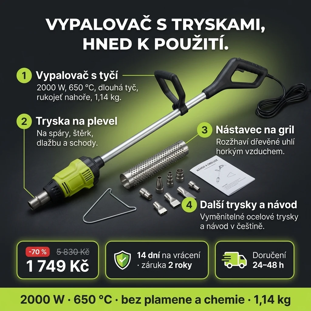 Vypalovač plevele 2000 W – nabídka: elektrický vypalovač plevele, tryska na plevel a nástavec na gril, 1 749 Kč místo 5 830 Kč, platba při převzetí