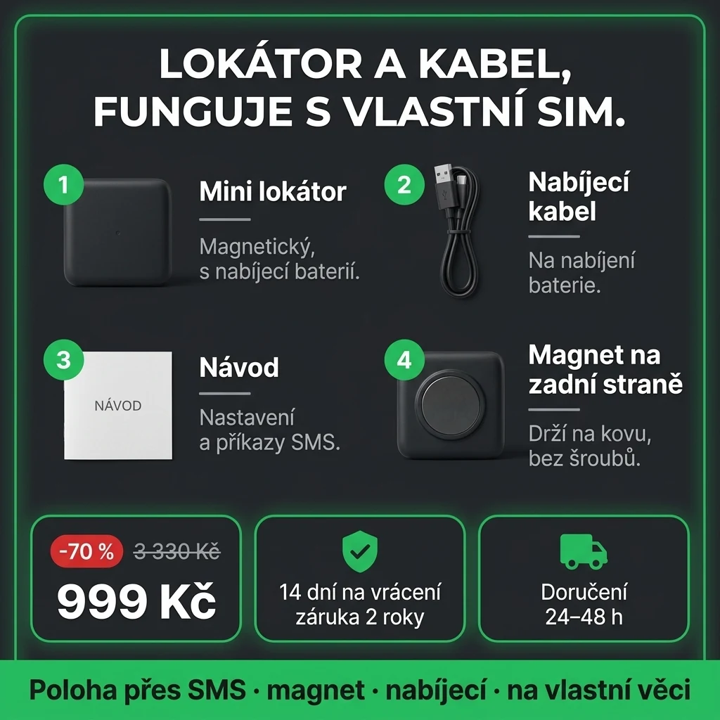 Mini magnetický lokátor – nabídka: mini magnetický lokátor s nabíjecím kabelem, 999 Kč místo 3 330 Kč, platba při převzetí