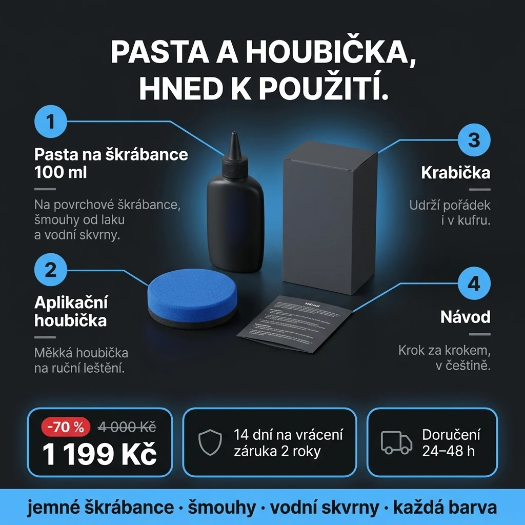 Pasta na škrábance – nabídka: pasta na škrábance 100 ml a aplikační houbička, 1 199 Kč místo 4 000 Kč, platba při převzetí