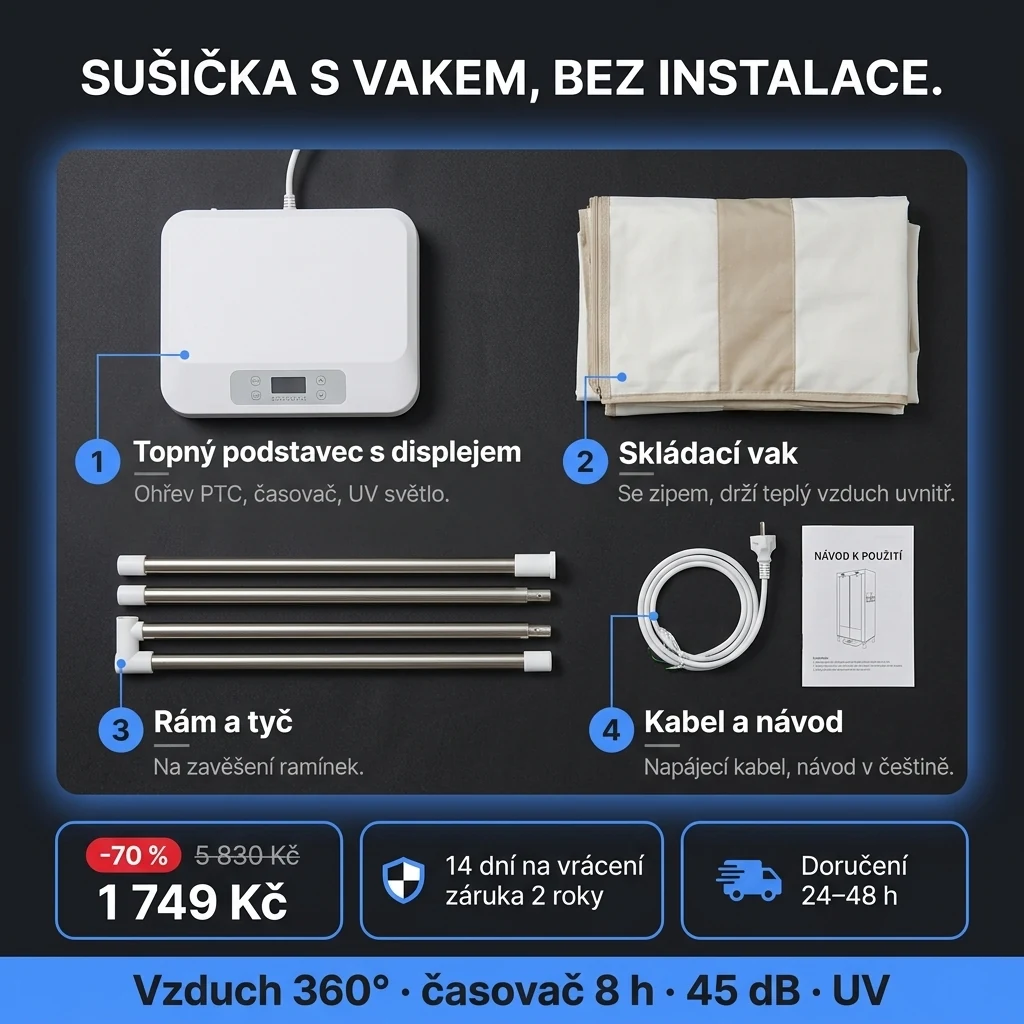 Přenosná sušička prádla – nabídka: přenosná sušička prádla s vakem a rámem, 1 749 Kč místo 5 830 Kč, platba při převzetí