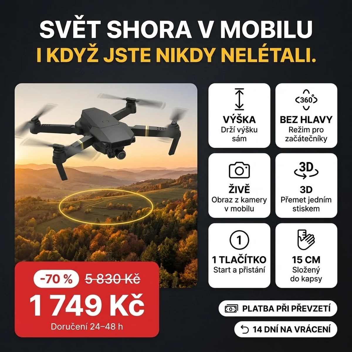 Skládací dron PRO s kamerou a ovladačem, hlavní vlastnosti na kartách
