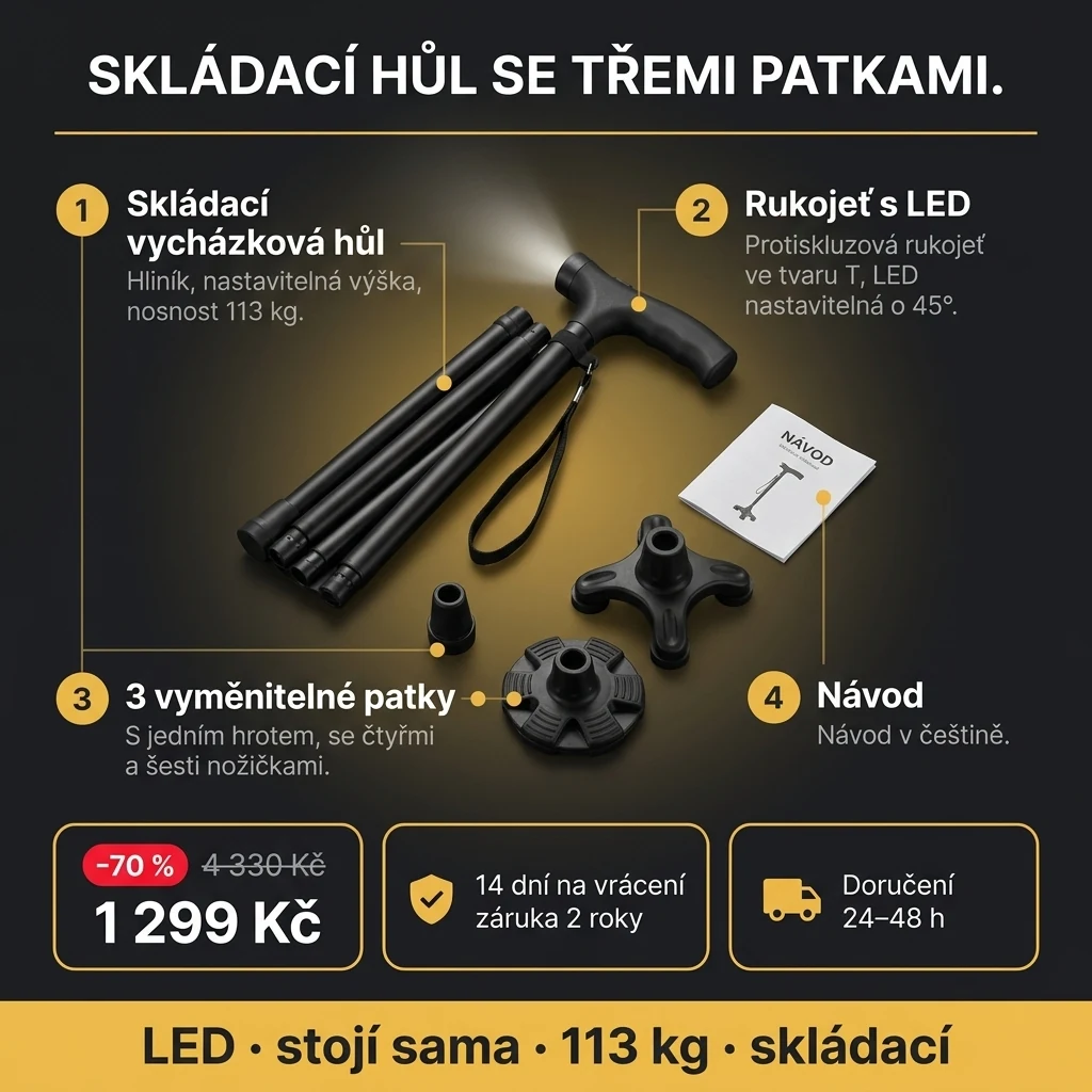 Skládací hůl s LED – nabídka: skládací vycházková hůl s LED rukojetí a 3 patkami, 1 299 Kč místo 4 330 Kč, platba při převzetí