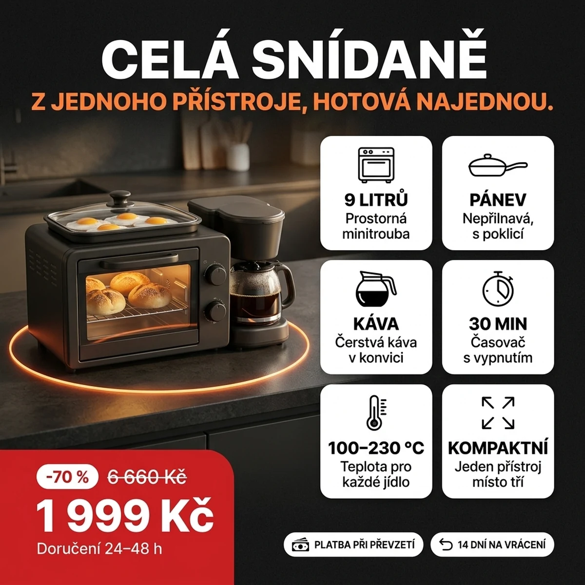 Snídaňová stanice 3 v 1 s troubou, pánví a kávovarem, na kartách hlavních vlastností