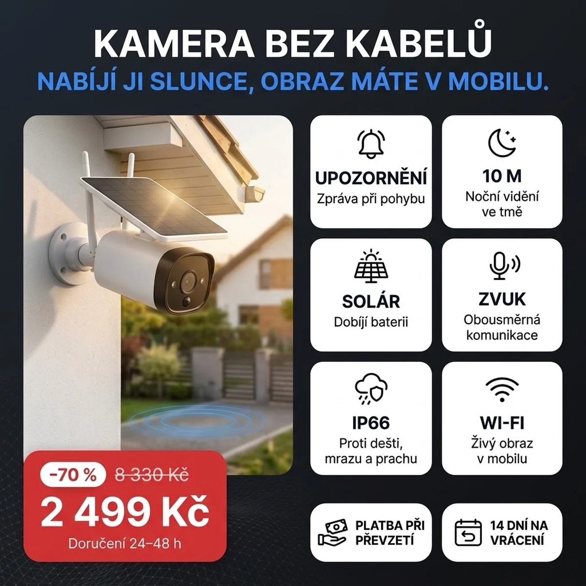 Solární kamera PRO na držáku na zeď, nad ní solární panel, na kartách hlavních vlastností