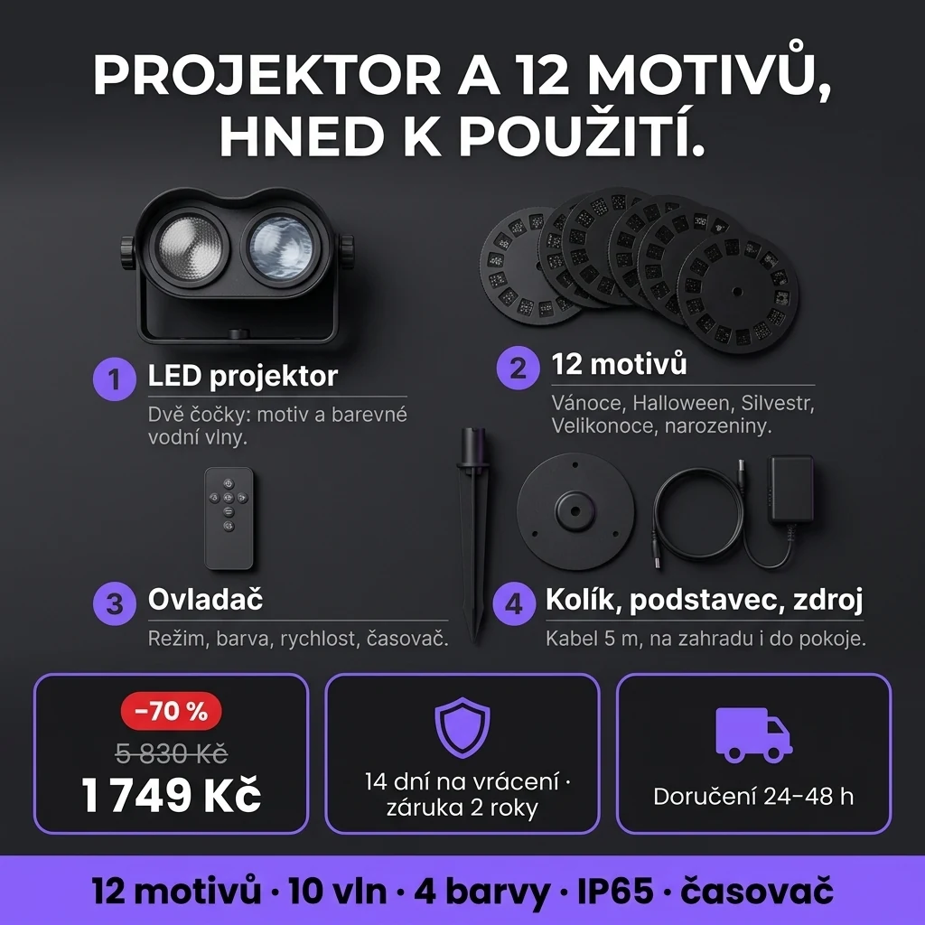 Sváteční LED projektor – nabídka: sváteční LED projektor s 12 motivy a ovladačem, 1 749 Kč místo 5 830 Kč, platba při převzetí