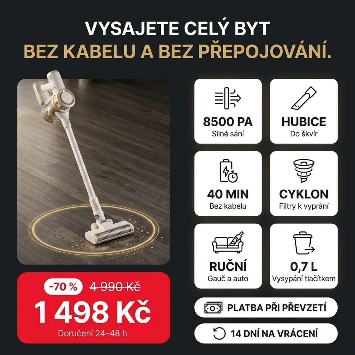 Bílý tyčový vysavač se zlatými detaily a nástavci, na kartách hlavních vlastností