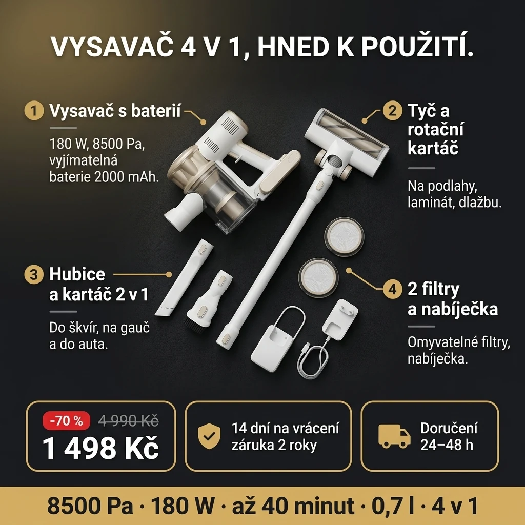 Tyčový vysavač 4 v 1 – nabídka: tyčový vysavač 4 v 1 bez kabelu s nástavci, 1 498 Kč místo 4 990 Kč, platba při převzetí