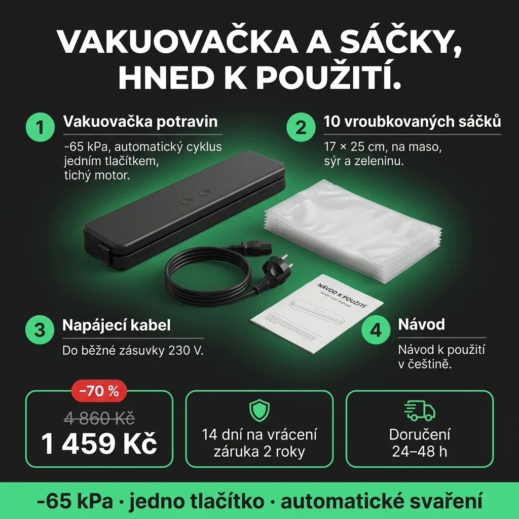 Vakuovačka potravin – nabídka: vakuovačka potravin a 10 sáčků 17 × 25 cm, 1 459 Kč místo 4 860 Kč, platba při převzetí