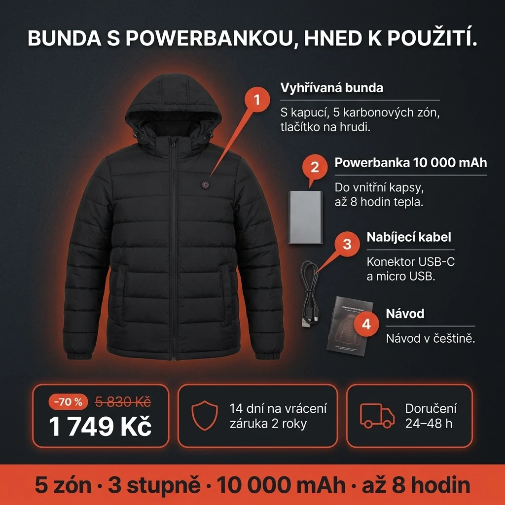 Vyhřívaná bunda – nabídka: vyhřívaná bunda s powerbankou 10 000 mAh, 1 749 Kč místo 5 830 Kč, platba při převzetí