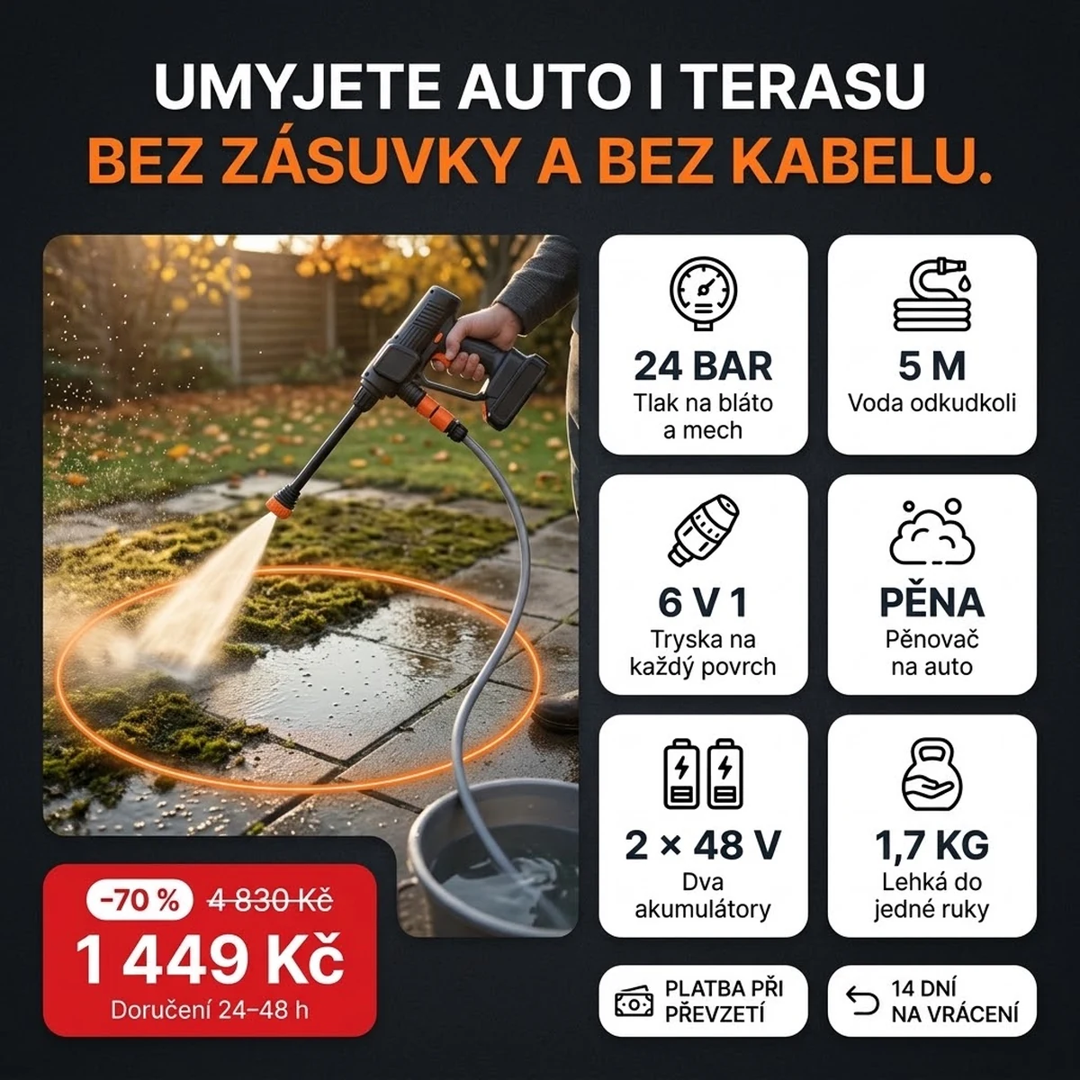 Akumulátorový vysokotlaký čistič PRO s tryskou, pěnovačem a dvěma akumulátory, hlavní vlastnosti na kartách