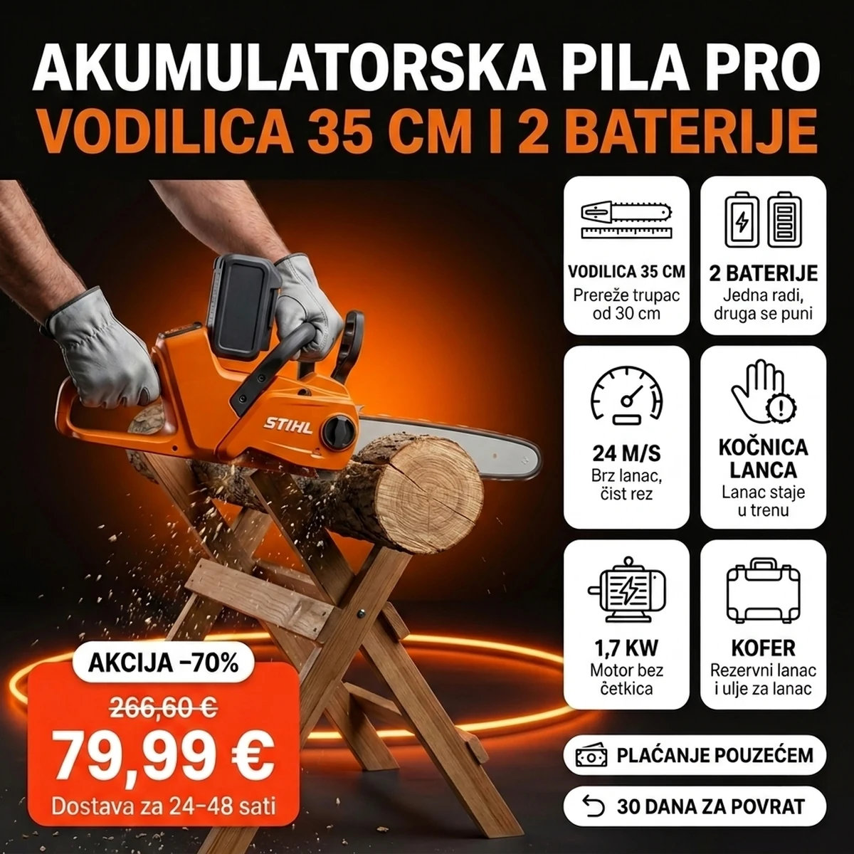 Akumulatorska motorna pila PRO s dvjema baterijama, uz kartice glavnih značajki