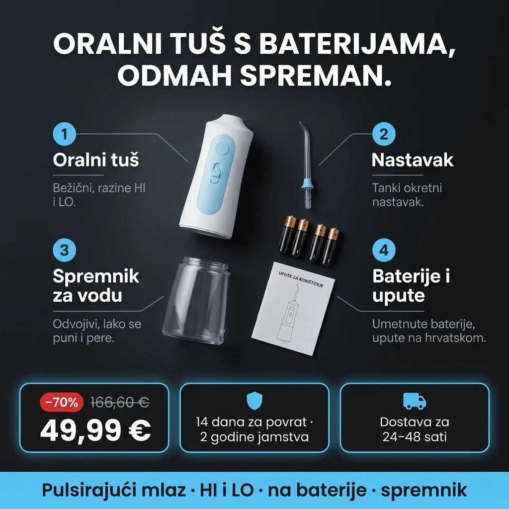 Bežični oralni tuš – ponuda: bežični oralni tuš na baterije s odvojivim spremnikom, 49,99 € umjesto 166,60 €, plaćanje pouzećem