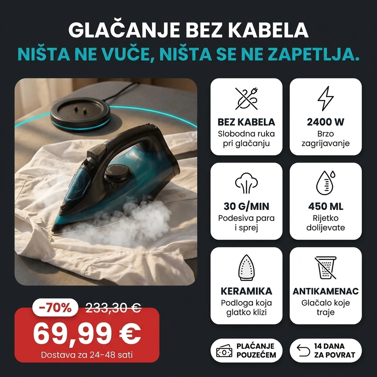 Bežično glačalo na paru na postolju za punjenje, na karticama glavnih značajki