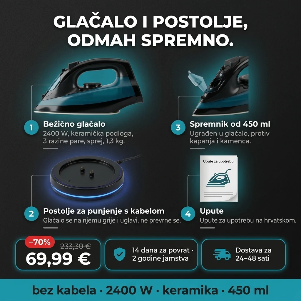 Bežično glačalo – ponuda: bežično glačalo s keramičkom podlogom i postolje za punjenje, 69,99 € umjesto 233,30 €, plaćanje pouzećem
