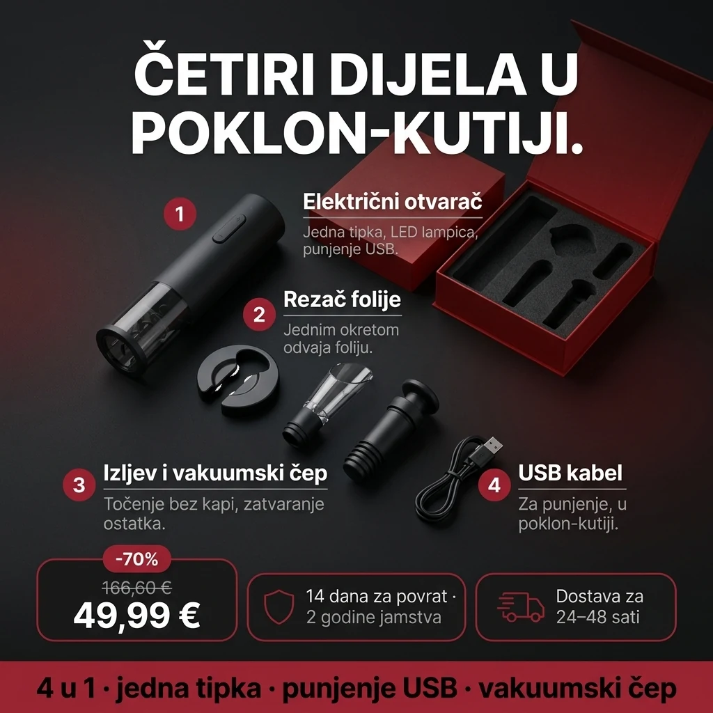 Električni otvarač za vino – ponuda: električni otvarač za vino u setu 4 u 1, u poklon-kutiji, 49,99 € umjesto 166,60 €, plaćanje pouzećem