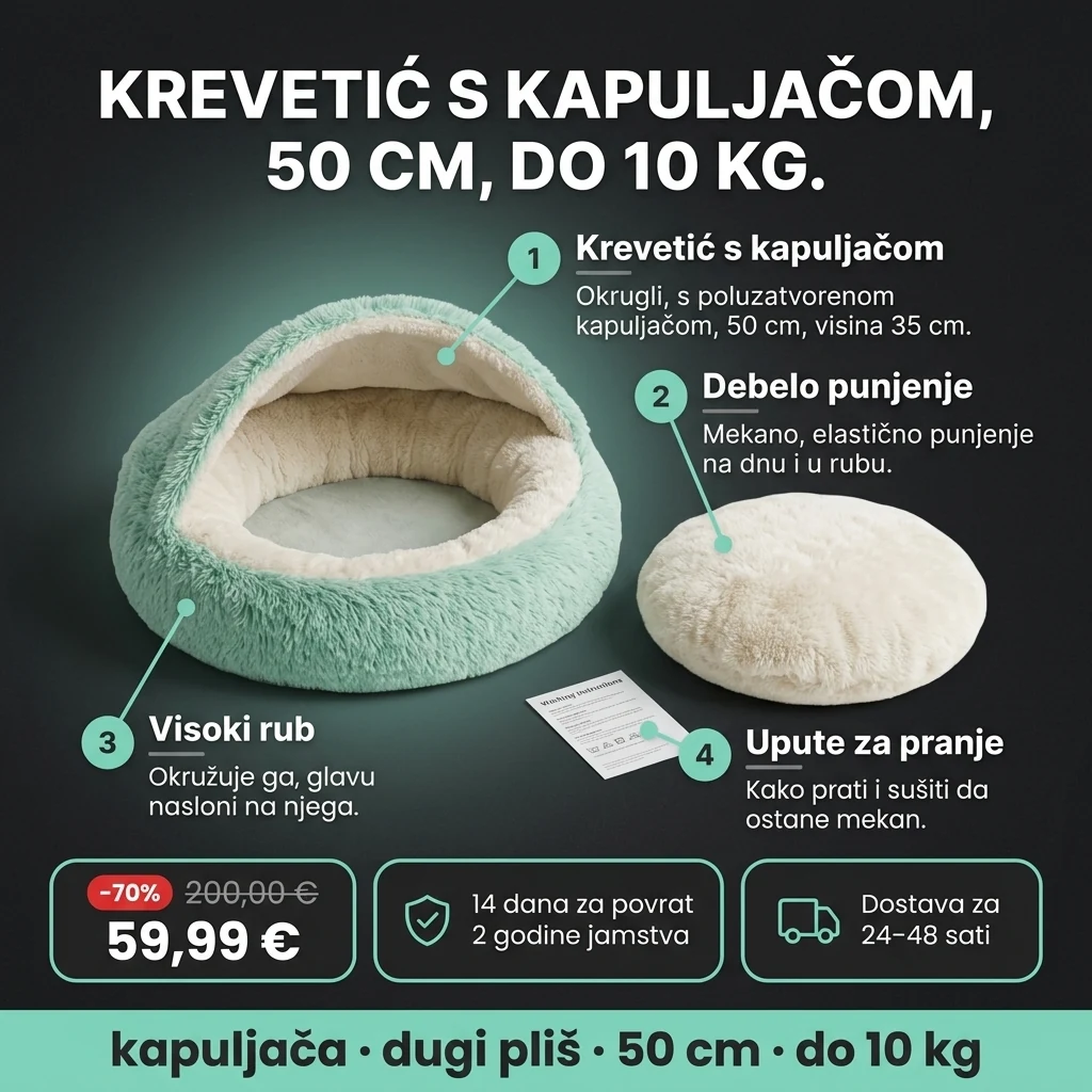 Krevetić s kapuljačom – ponuda: okrugli plišani krevetić s kapuljačom, 50 cm, 59,99 € umjesto 200,00 €, plaćanje pouzećem