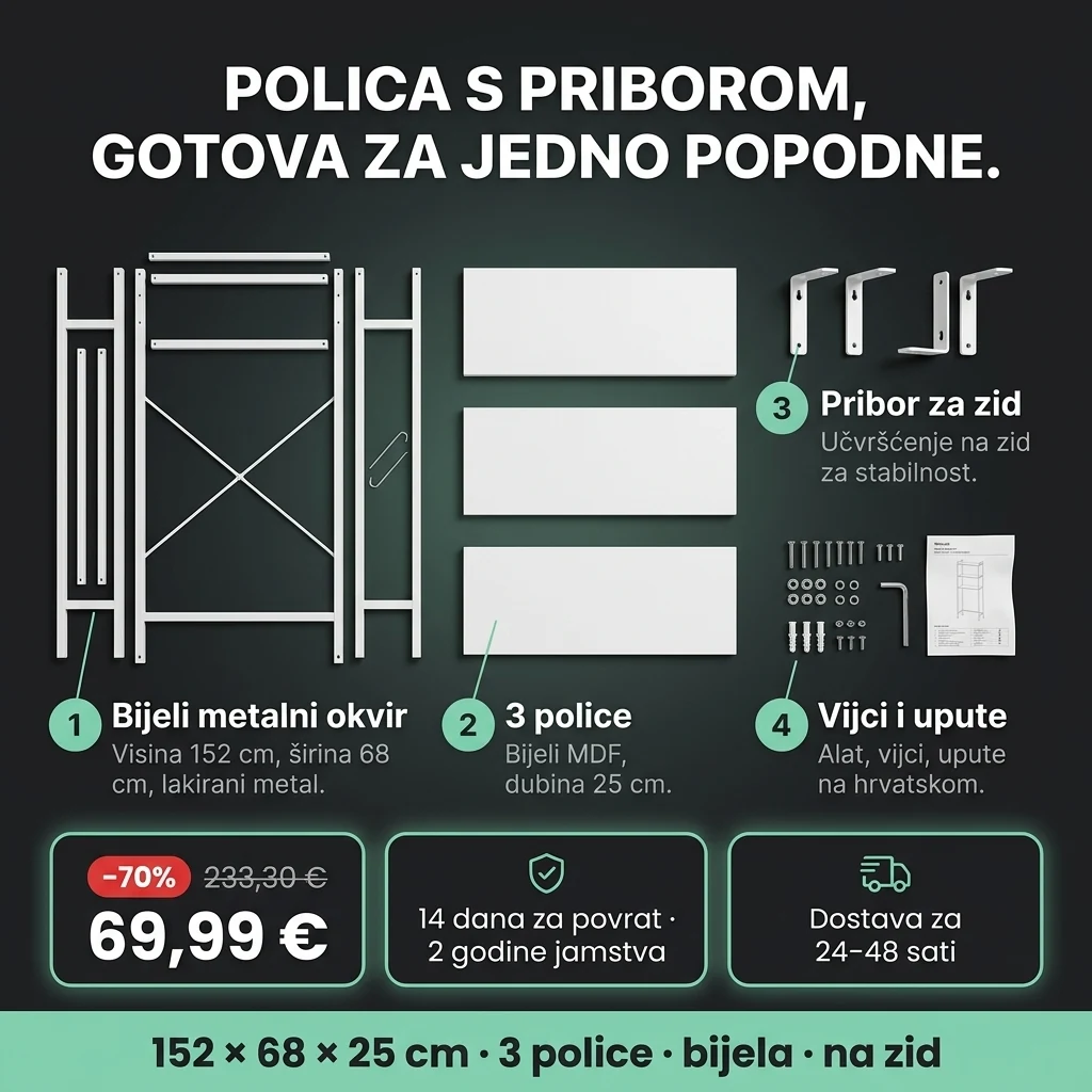 Polica iznad perilice – ponuda: bijela polica iznad perilice s 3 police i priborom za zid, 69,99 € umjesto 233,30 €, plaćanje pouzećem