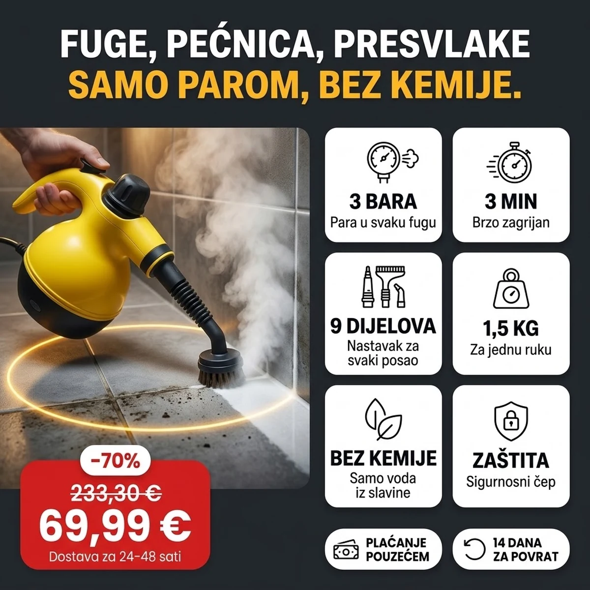 Ručni parni čistač PRO s nastavcima, glavne značajke na karticama